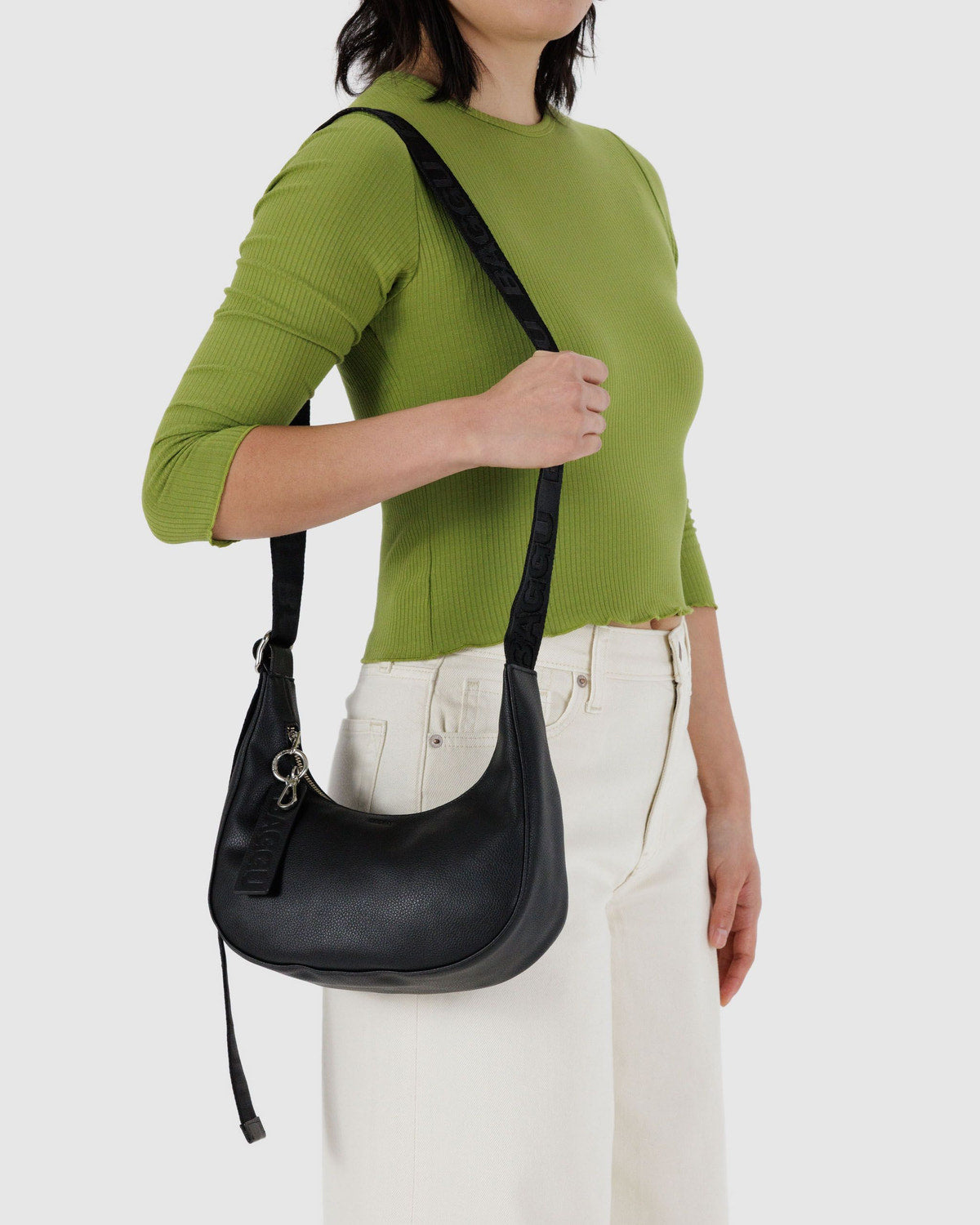Small Recycled Leather Crescent Bag Black