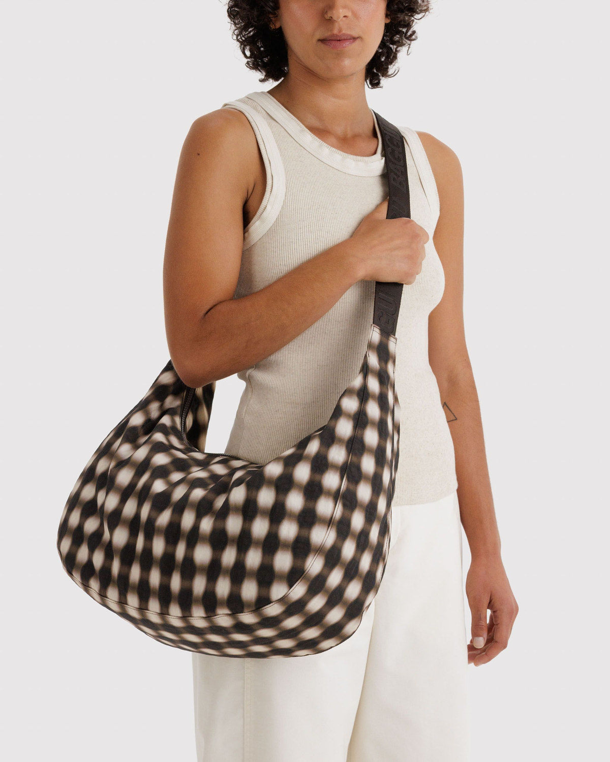Large Nylon Crescent Bag Blurred Gingham Brown