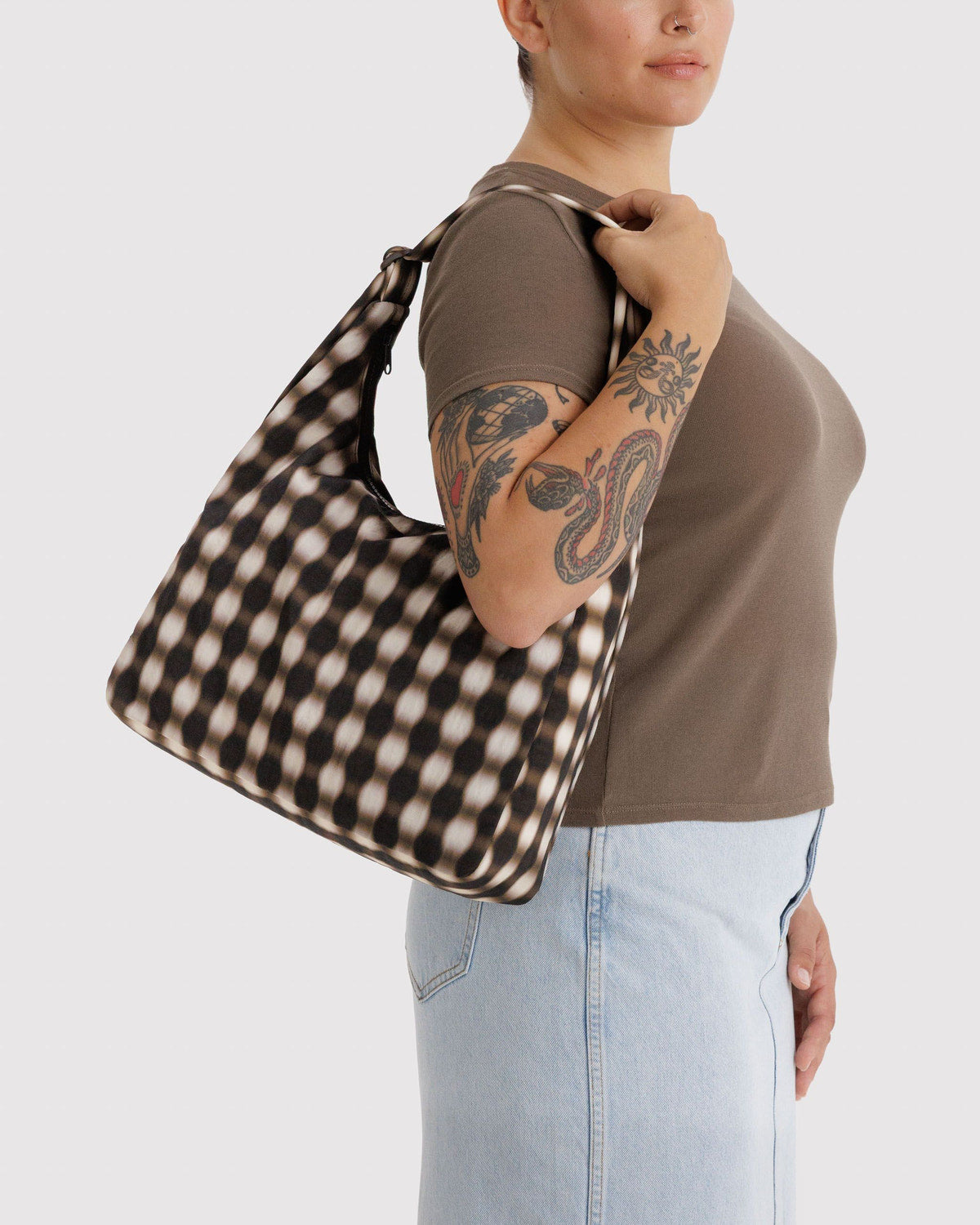 Nylon Shoulder Bag Blurred Gingham Brown